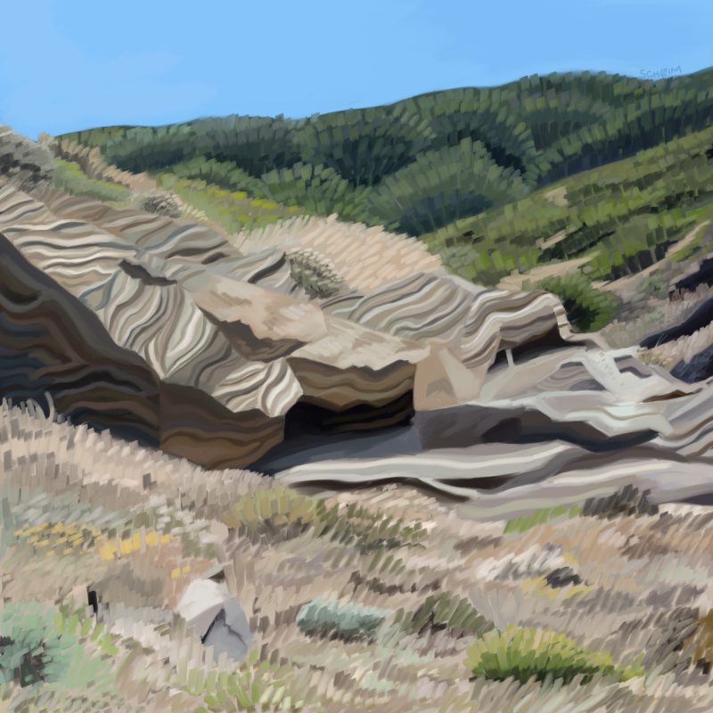 A digital illustration of striated gray and brown rock formations, done in a semi-realistic style. There are light-colored grasses in the foreground, and green shrubs in the background against a blue sky. 