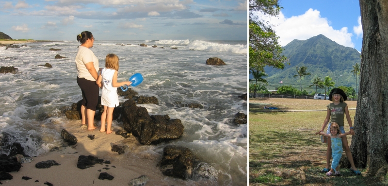 Two photos side by side. On the left, a woman stands with her young daughter on the beach, the water rushing in across the sand and around the rocks. On the right, two young girls stand under a tall tree with steep green mountains and palm trees behind them.