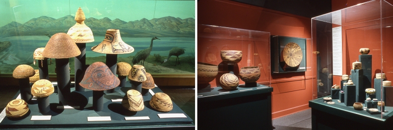 A collage of two photos showing museum displays of beautiful baskets in many shapes and sizes