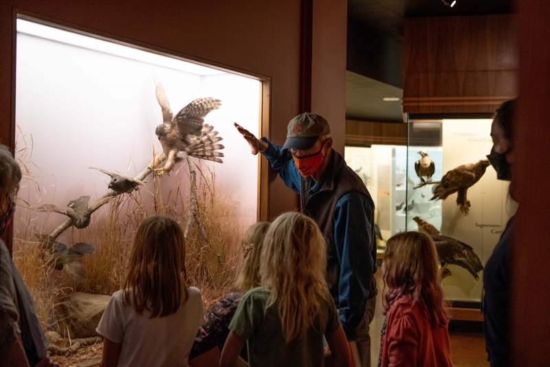 Docent with visitors in the Museum's Bird Hall