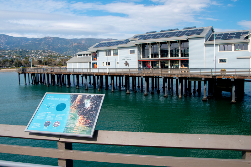 View of the Santa Barbara Museum of Natural History Sea Center building from Stearns Wharf