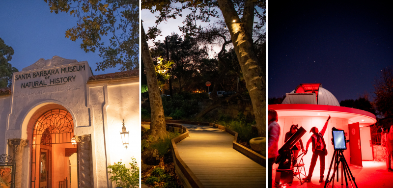 Three night-time images with scenes from around the Museum