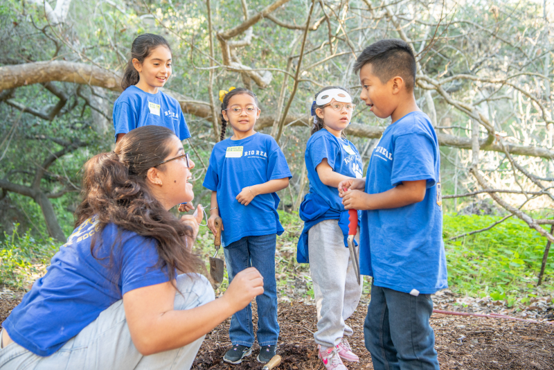 Children and a teacher playing in an oak woodland
