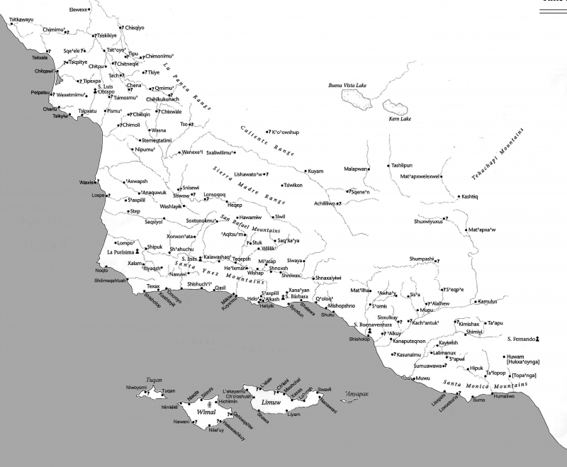 Map showing the names and locations of many Chumash settlements throughout the Central Coast region
