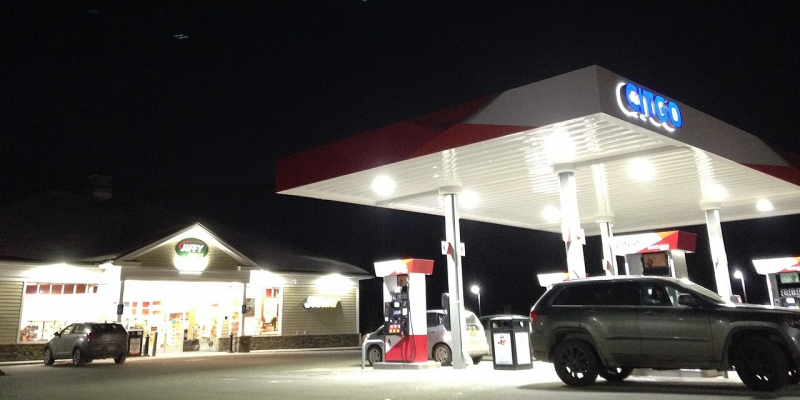 bright lights at a gas station