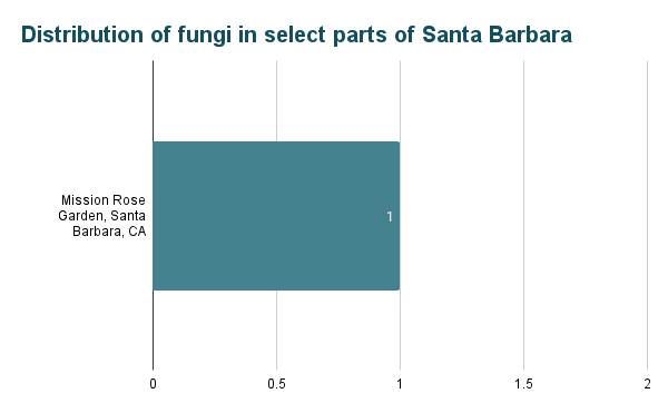 A horizontal bar graph titled “Distribution of fungi in select parts of Santa Barbara”. The single bar, labeled “Mission Rose Garden, Santa Barbara, CA,” reaches a height of 1. 