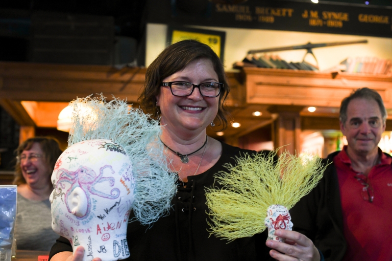 Melissa Baffa with styrofoam heads Diego and Pedro