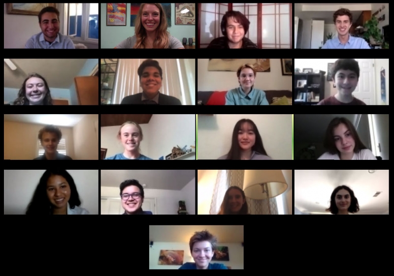 Young people in the Quasars to Sea Stars work-study-internship program in a grid during a Zoom meeting, with two instructors. They are smiling.
