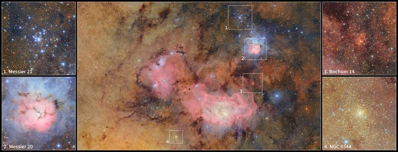A wide view surrounded by detail images of a colorful pink nebula with many stars