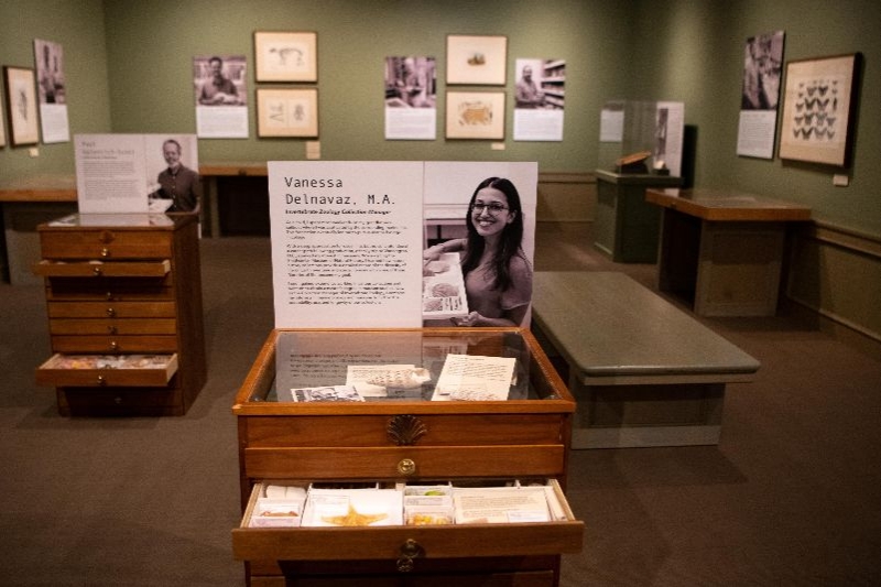 A gallery with cabinets showing drawers of specimens. A colorful sea star and shell are visible in the foreground under the image of a curator with specimens. She's smiling.