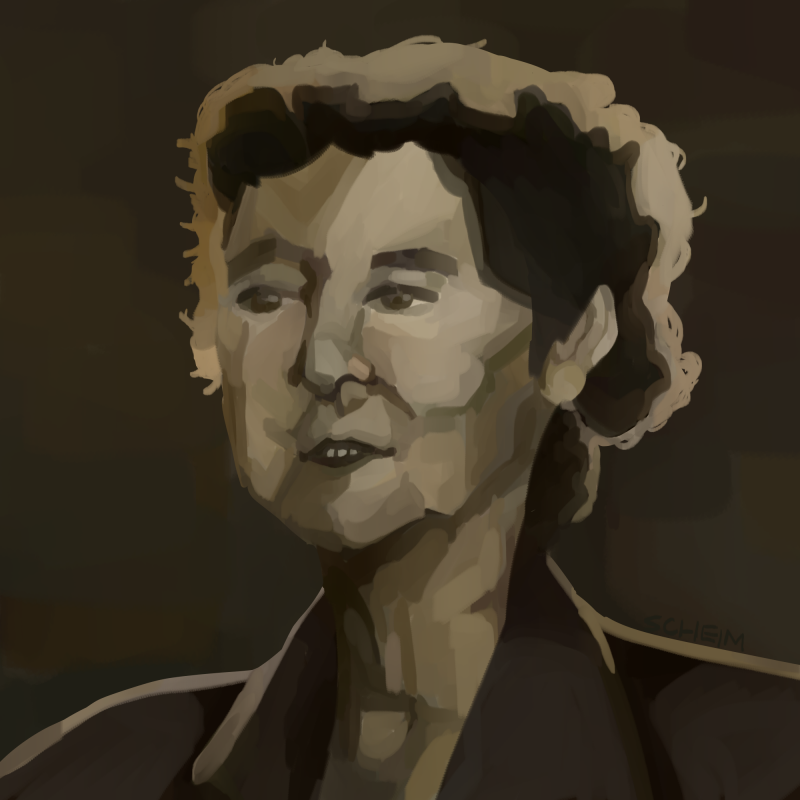 A digital portrait of Dorothy Irma Cooke, done in sepia tones in a semi-realistic style. She looks to the side of the viewer, smiling slightly. 