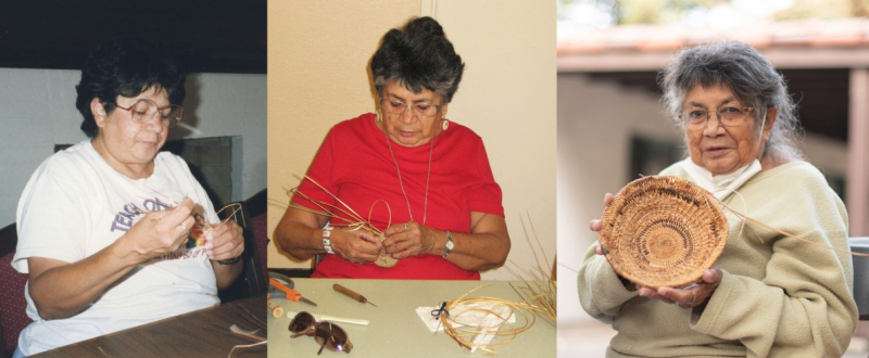 Three photos from different periods show the same woman weaving baskets.