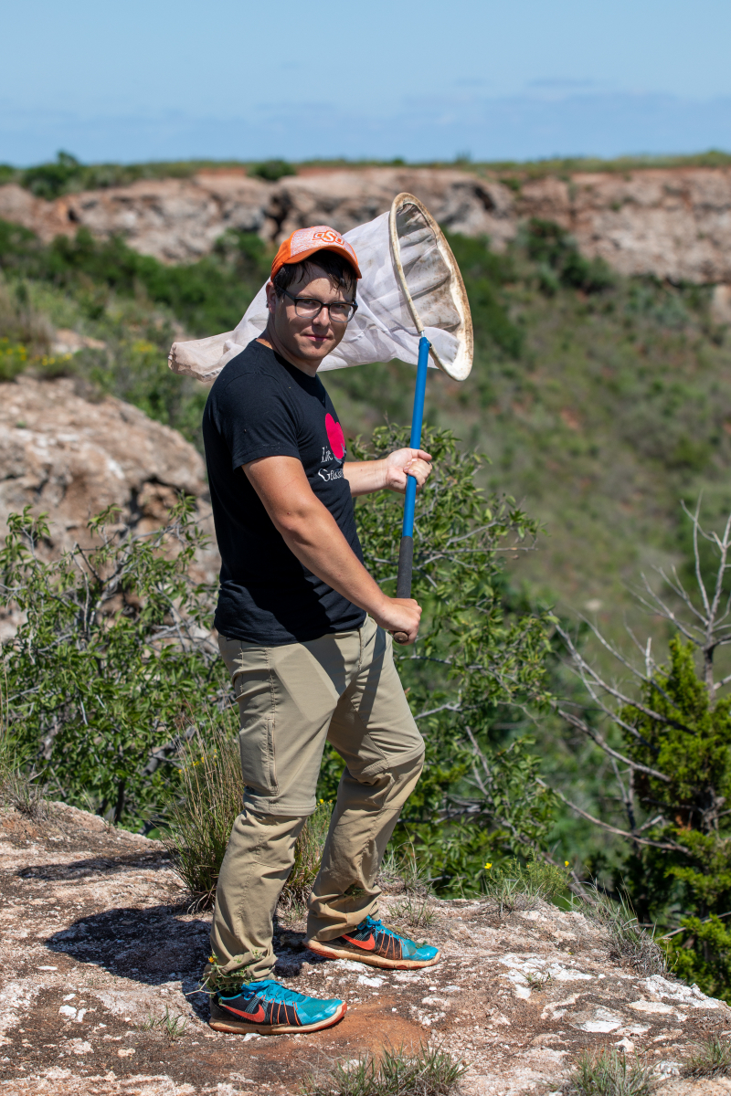 A determined-looking man holding a butterfly net that blows in the wind. He stands on a rocky outcrop with a rocky landscape of shrubs and trees in the distance.