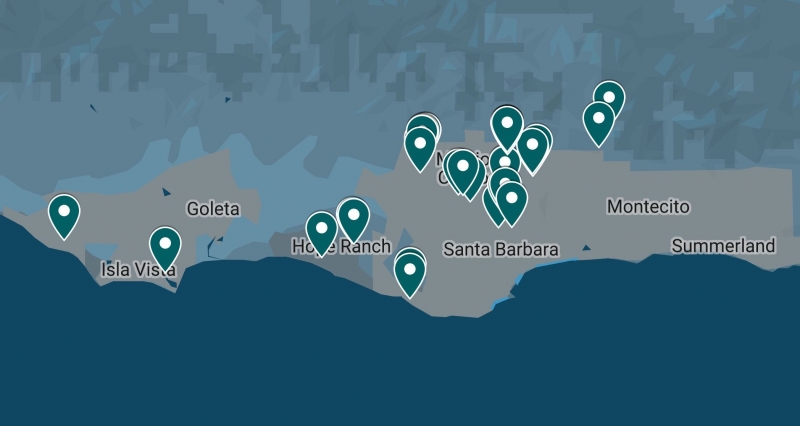 A blue and gray map of the Santa Barbara area and coastline, with blue markers that show where data was collected. Most of the data points are concentrated in the more inland Mission Canyon area, although there are some in Goleta and along the ocean.