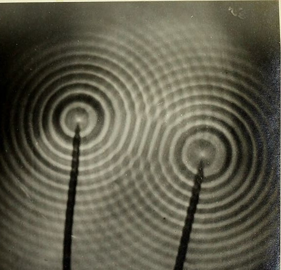 Two sets of waves encountering each other form a pattern of peaks and troughs