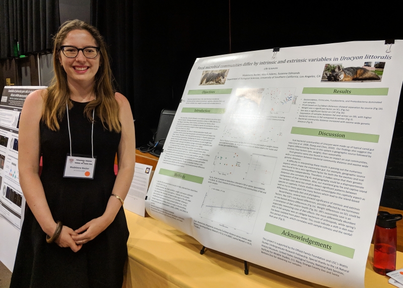 Smiling young student scientist standing next to her poster in an auditorium. She wears a black dress and a badge with her name and affiliation on it. The poster shows text and graphs of fox research.